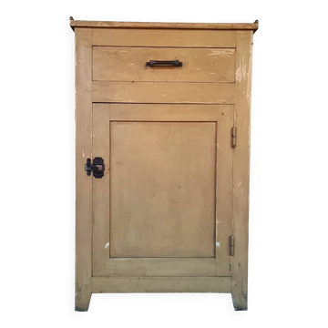 Vintage French Kitchen Work Cabinet - Rustic Painted Pine with Drawer and Cupboard (112 x 70 x 82 cm)