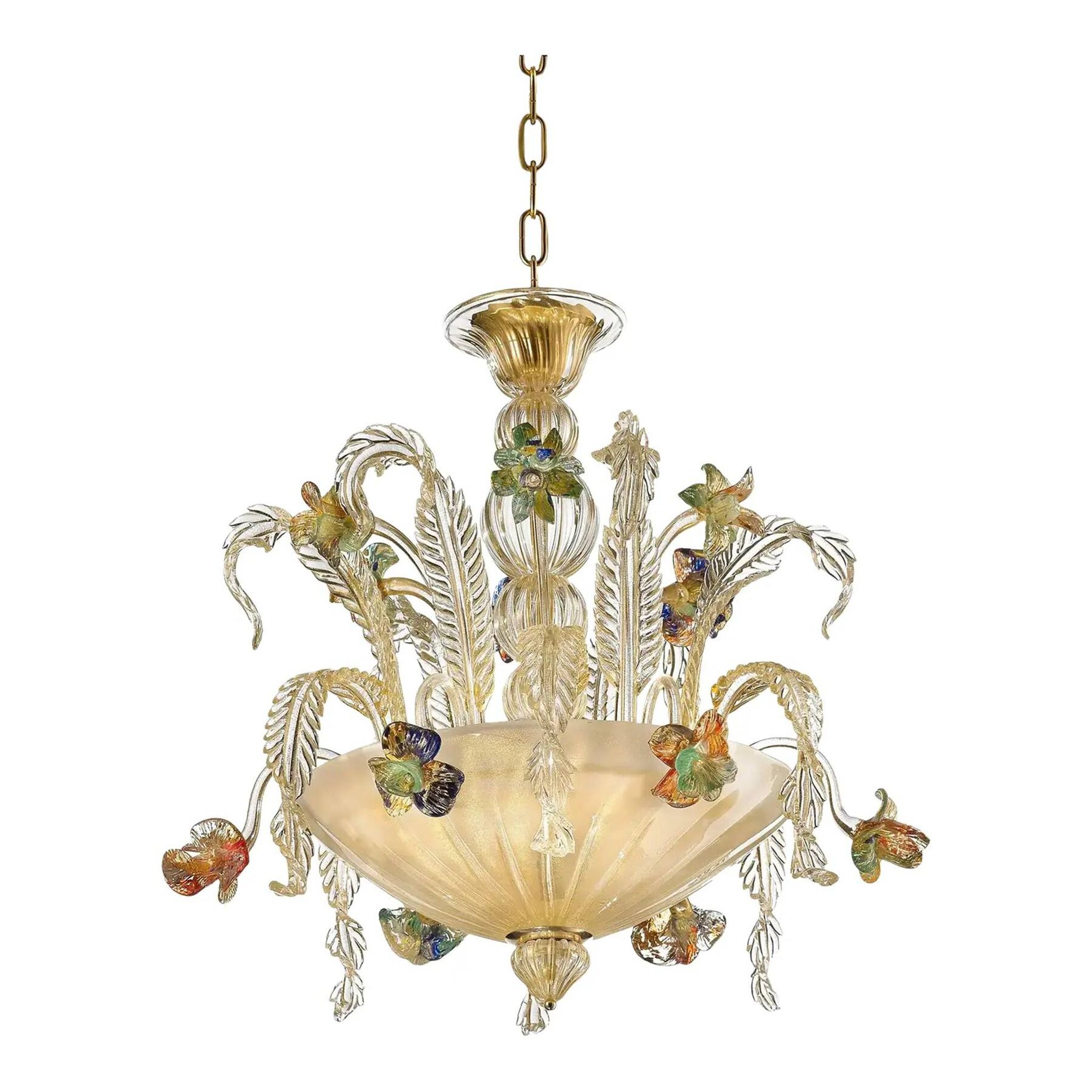 Luxury 21st Century Italian Murano Glass Flower Chandelier – Gold & Clear