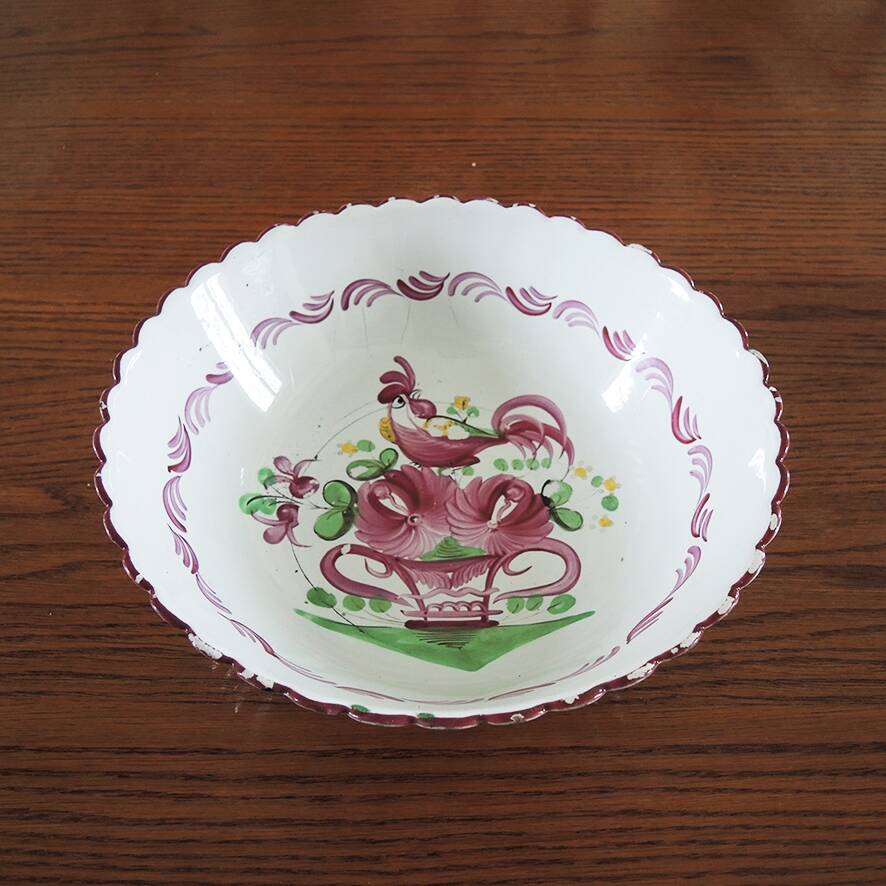 Antique Saint Clément Style Earthenware Rooster Salad Bowl
