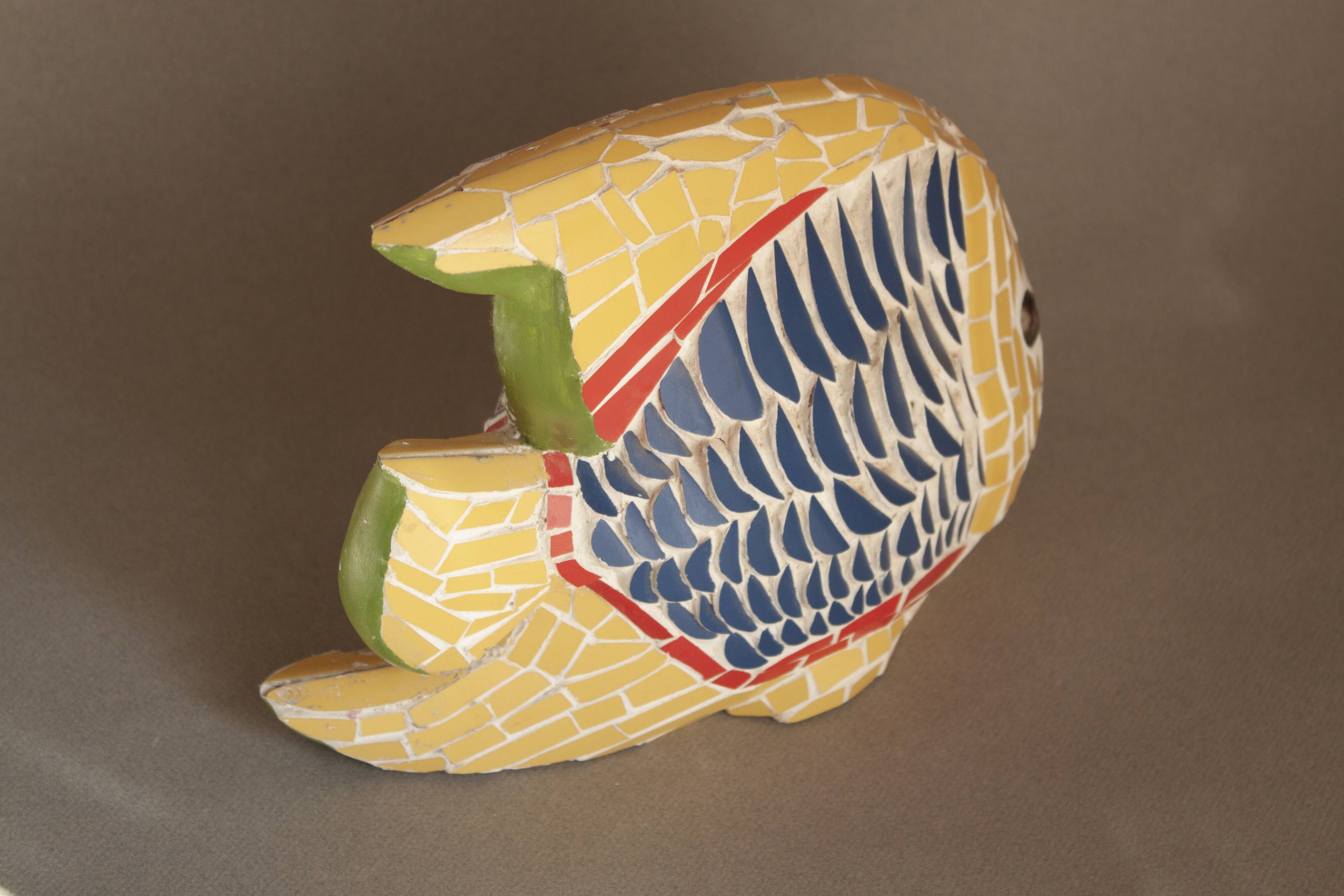 Fish figurine made in trencadis style mosaic. Fish sculpture.