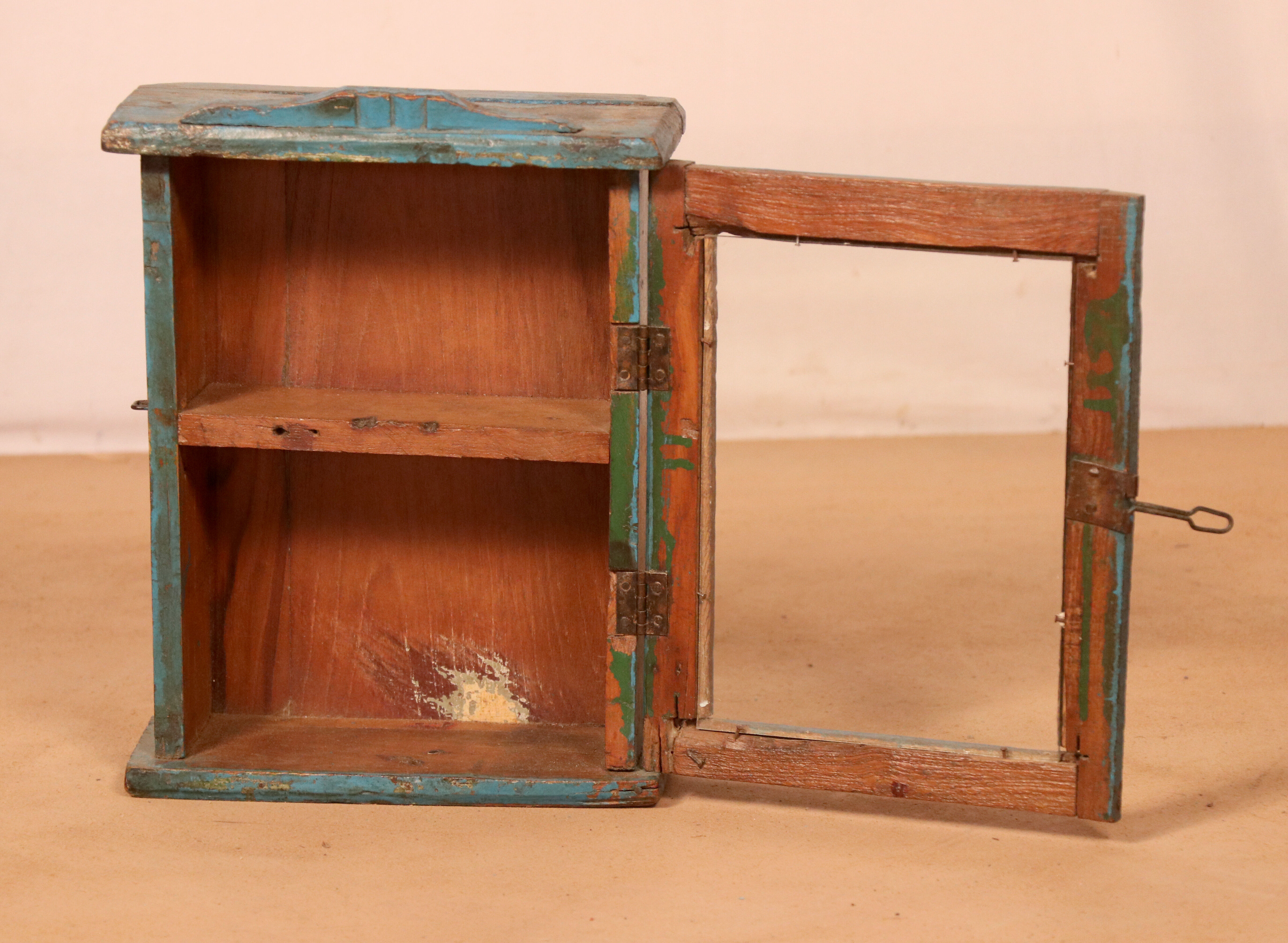 old Art Deco wall display case in original blue teak Burmese patina