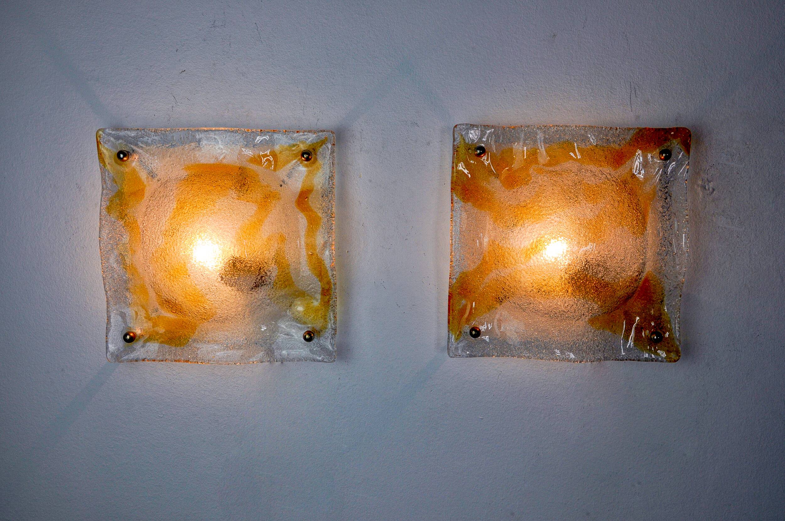 Pair of Murano Mazzega Orange wall lights, Italy, 1970