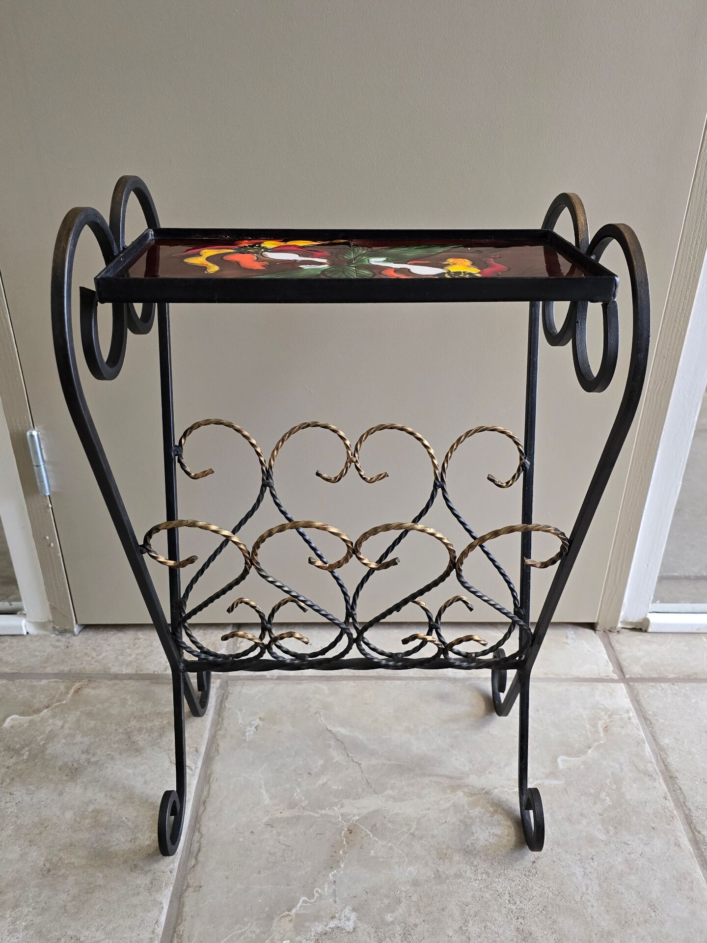 Vallauris magazine rack "la Grange", tiled and wrought iron