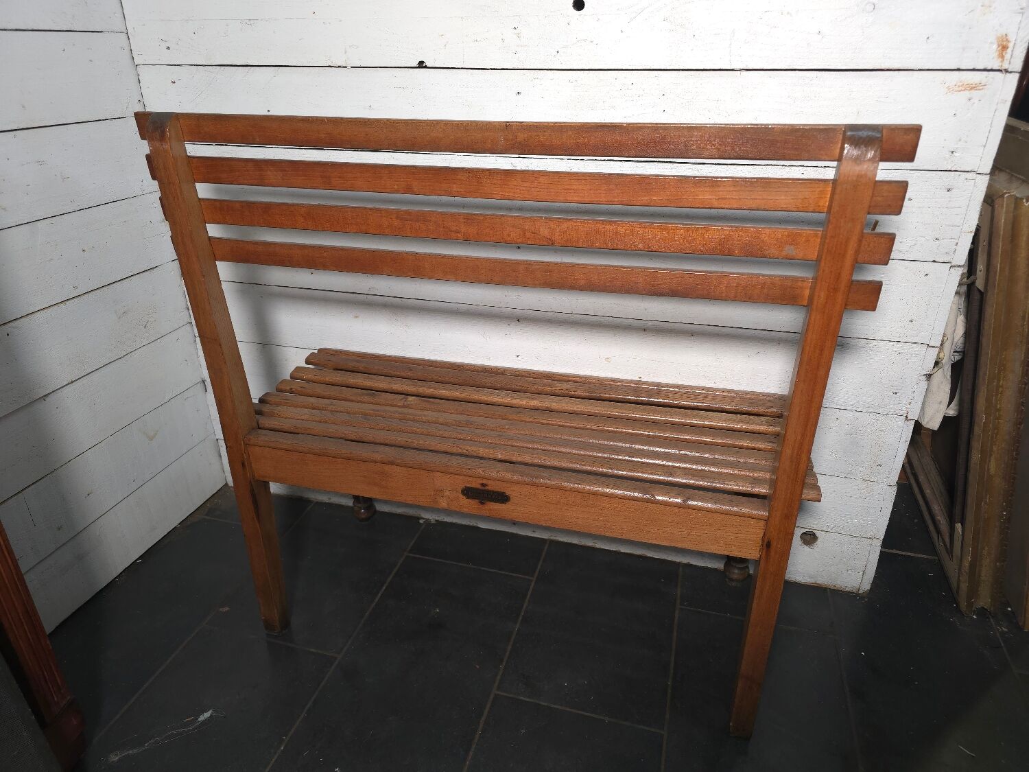 Solid oak workbench with slats signed by Edmond Magrez.