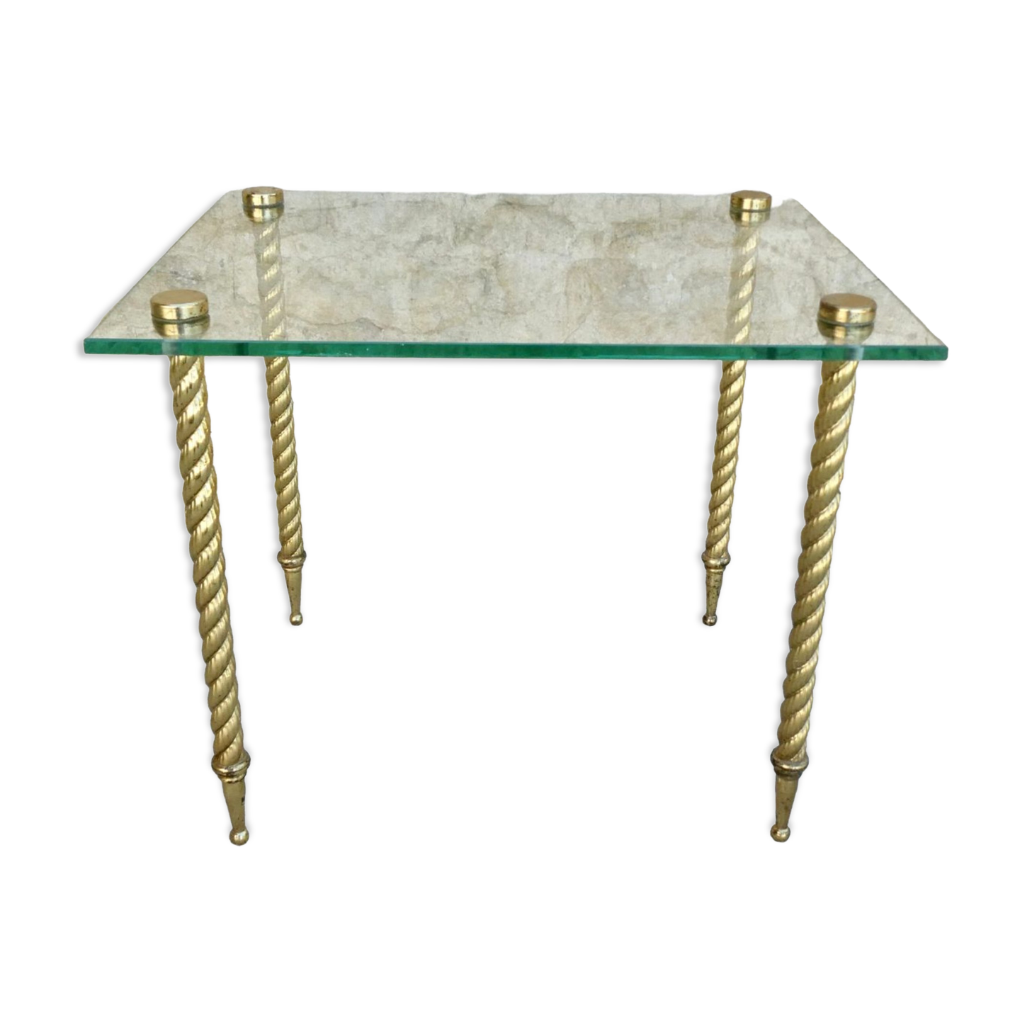 End of sofa, glass and twisted legs in gilded metal