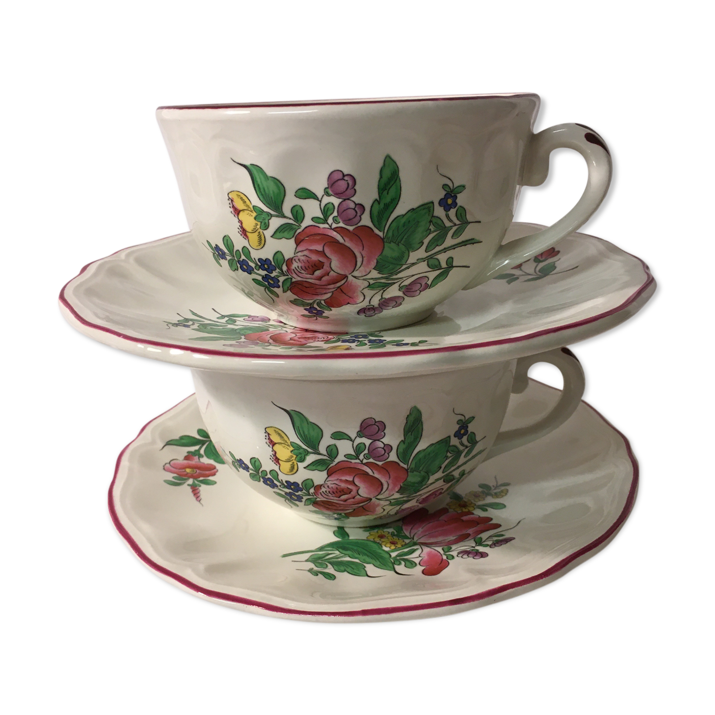 Duo of breakfast cups with saucer Faïence Lunéville