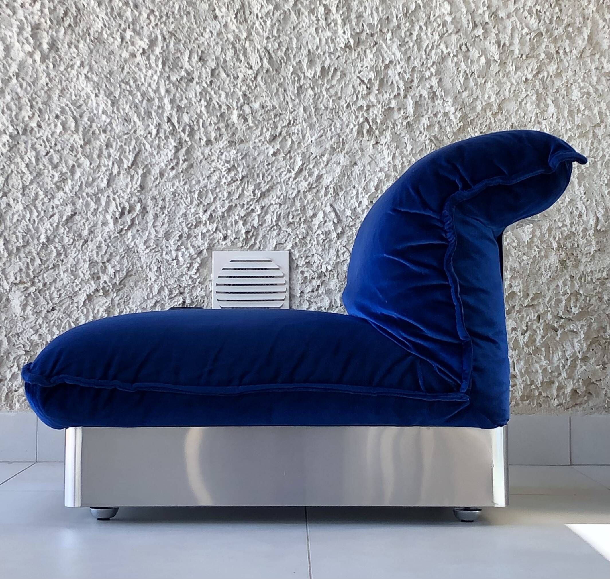 Stainless steel and royal blue velvet armchair, France, 1970s
