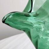 Green blown glass pitcher, unique twisted design