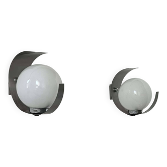 Pair of vintage opaline and chrome wall lights, France 1970