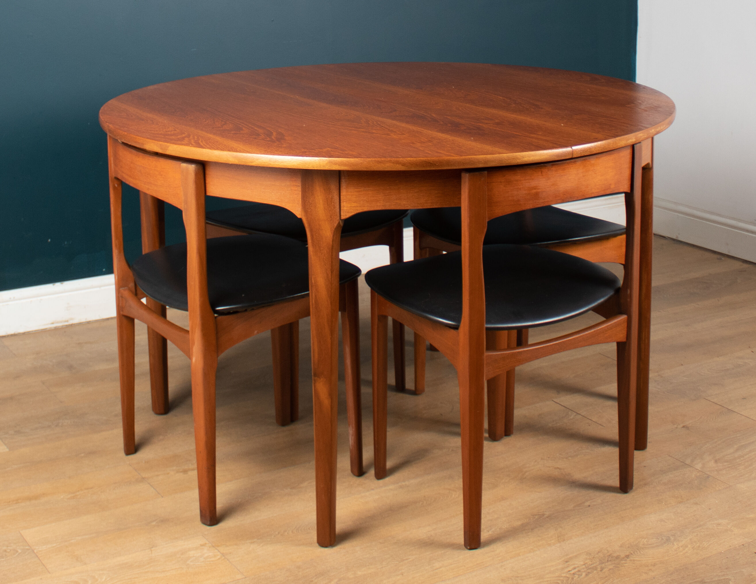 Retro Teak 1960s Round Dining Table & Four Space Saving Chairs By Nathan