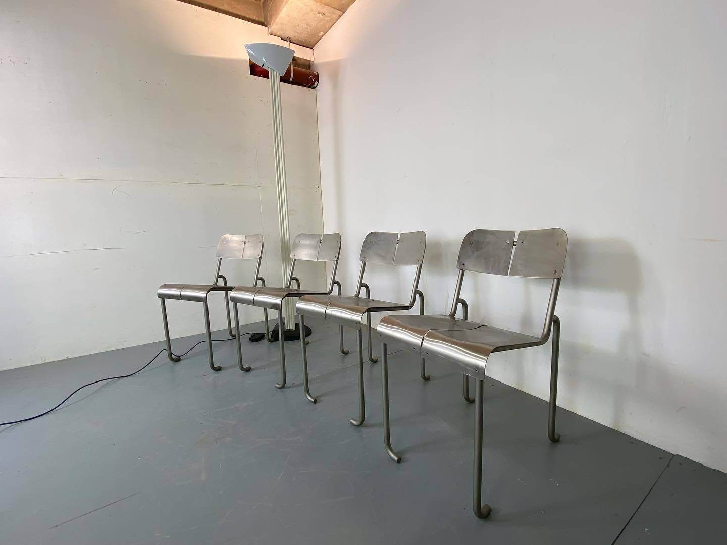 Memphis Architectural Stainless Steel French Dining Chairs, 1980s Set of 4