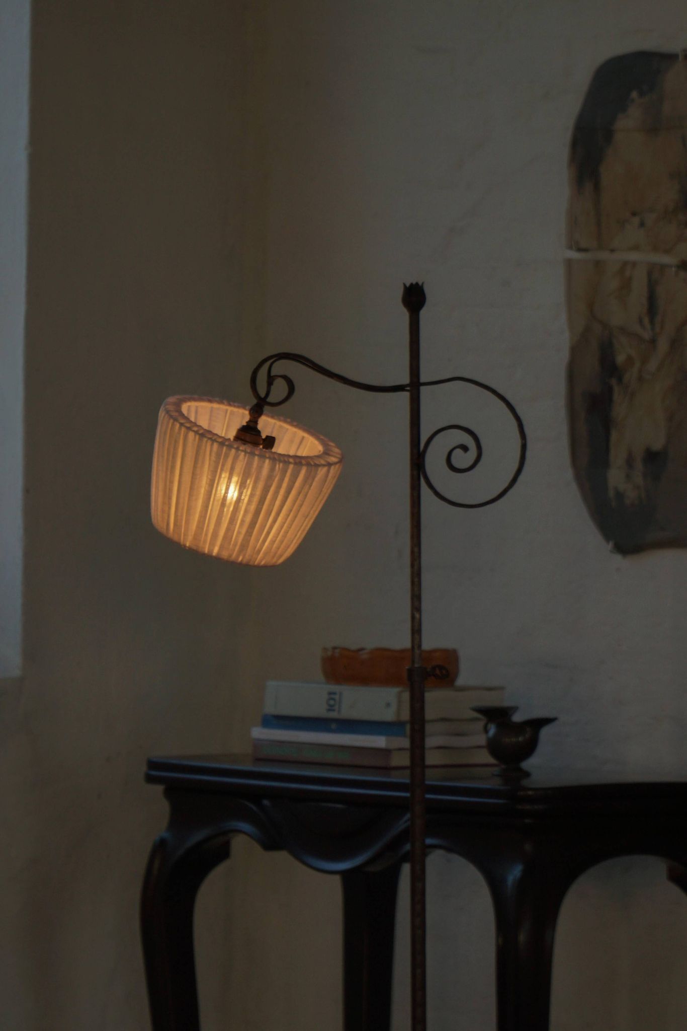 20th-century wrought iron floor lamp with swirling detail, Danish Art Deco.