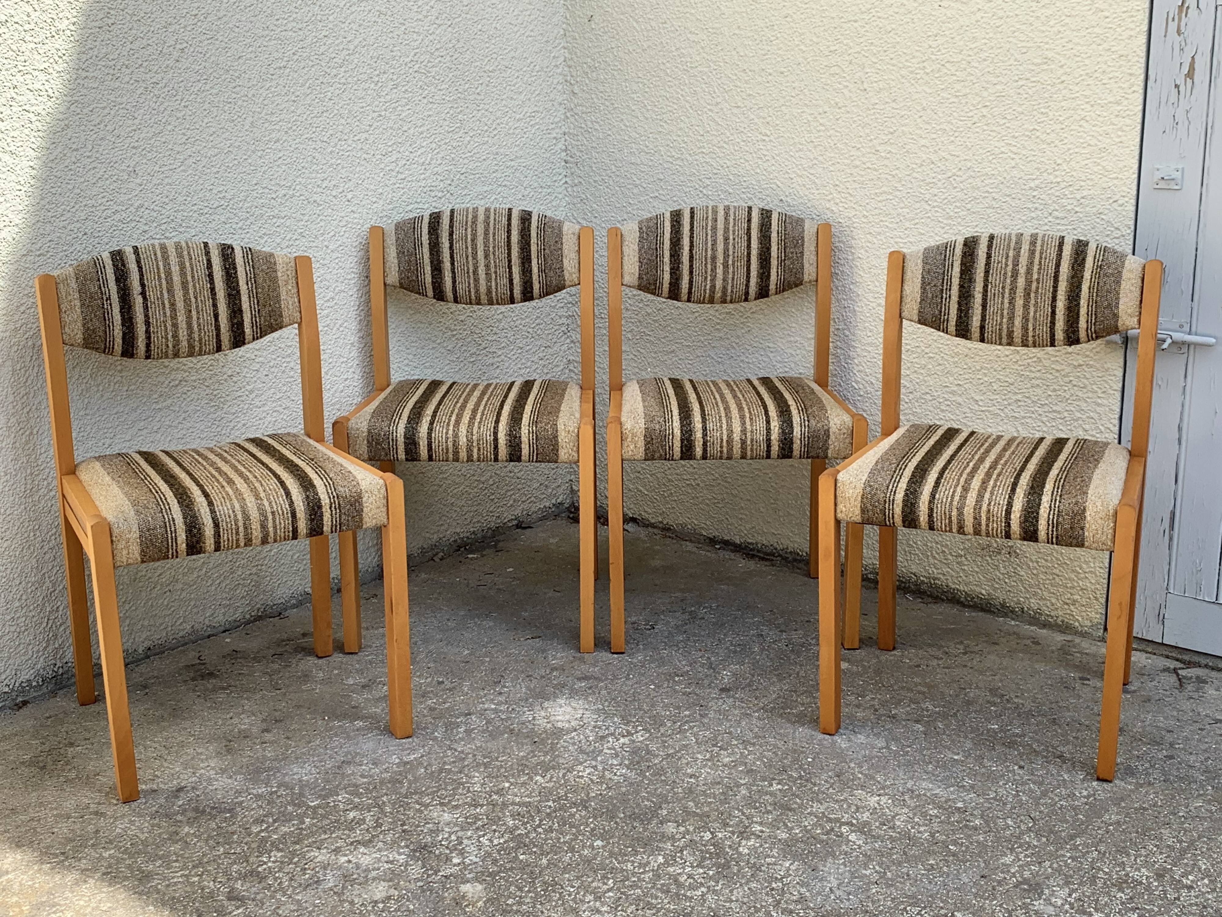 Suite of 4 chairs self beech brass and wool 1960