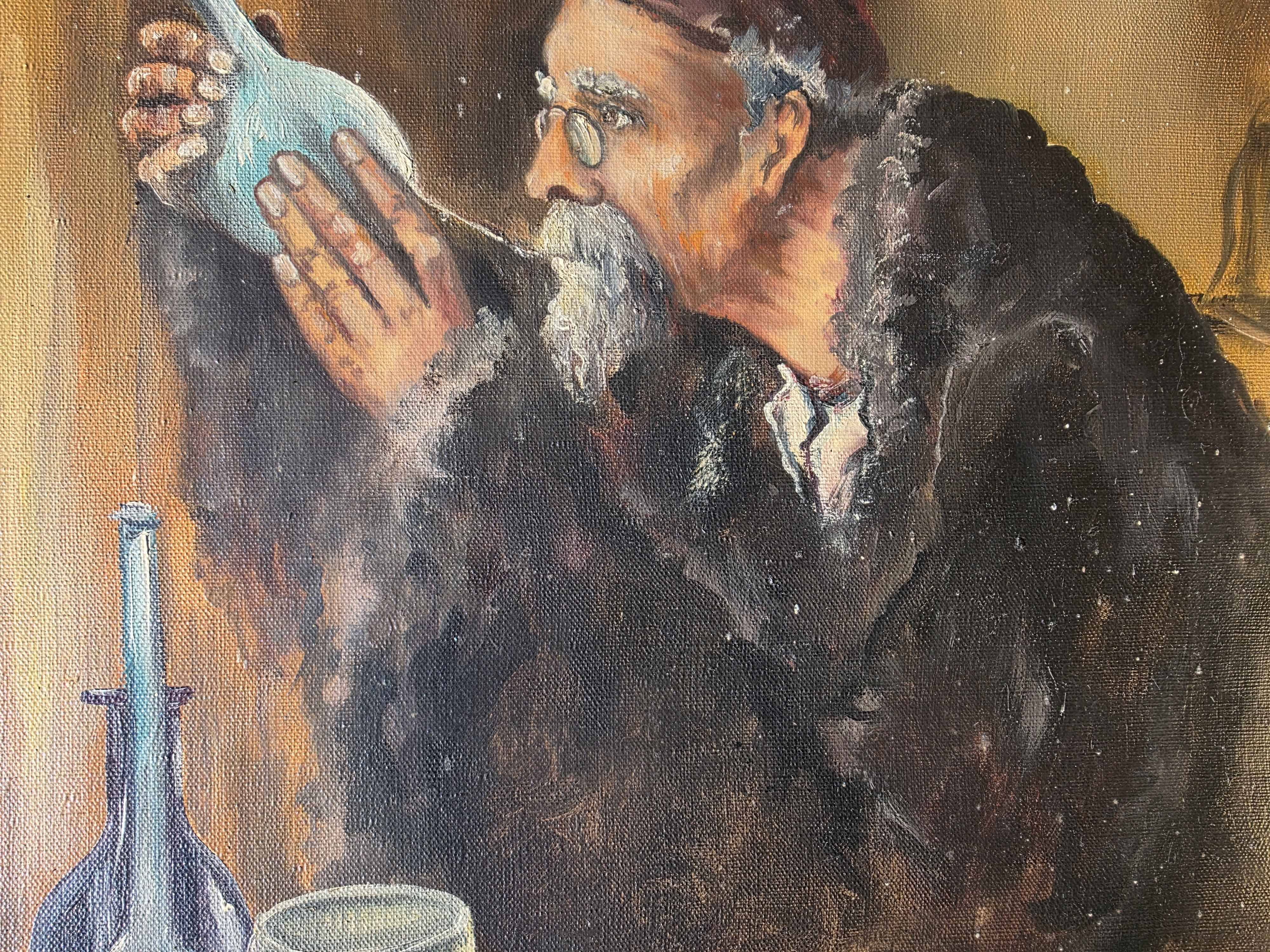 Vintage Mid-Century Alchemist Oil Painting