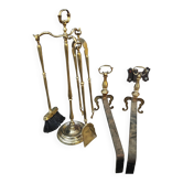 Brass fireplace set and its two andirons
