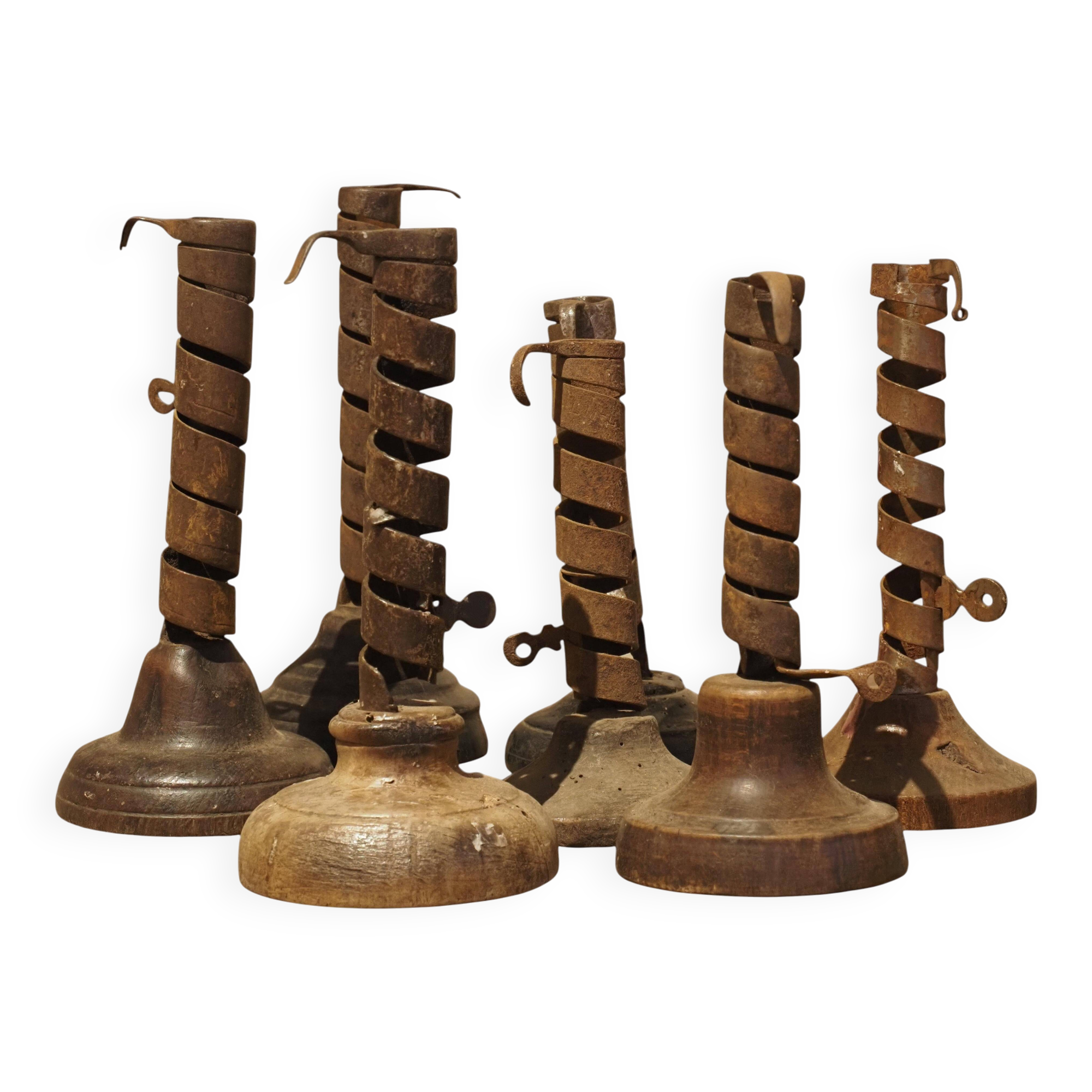 19th-century wrought iron "Rat de Cave" candlesticks from Normandy, set of 7.