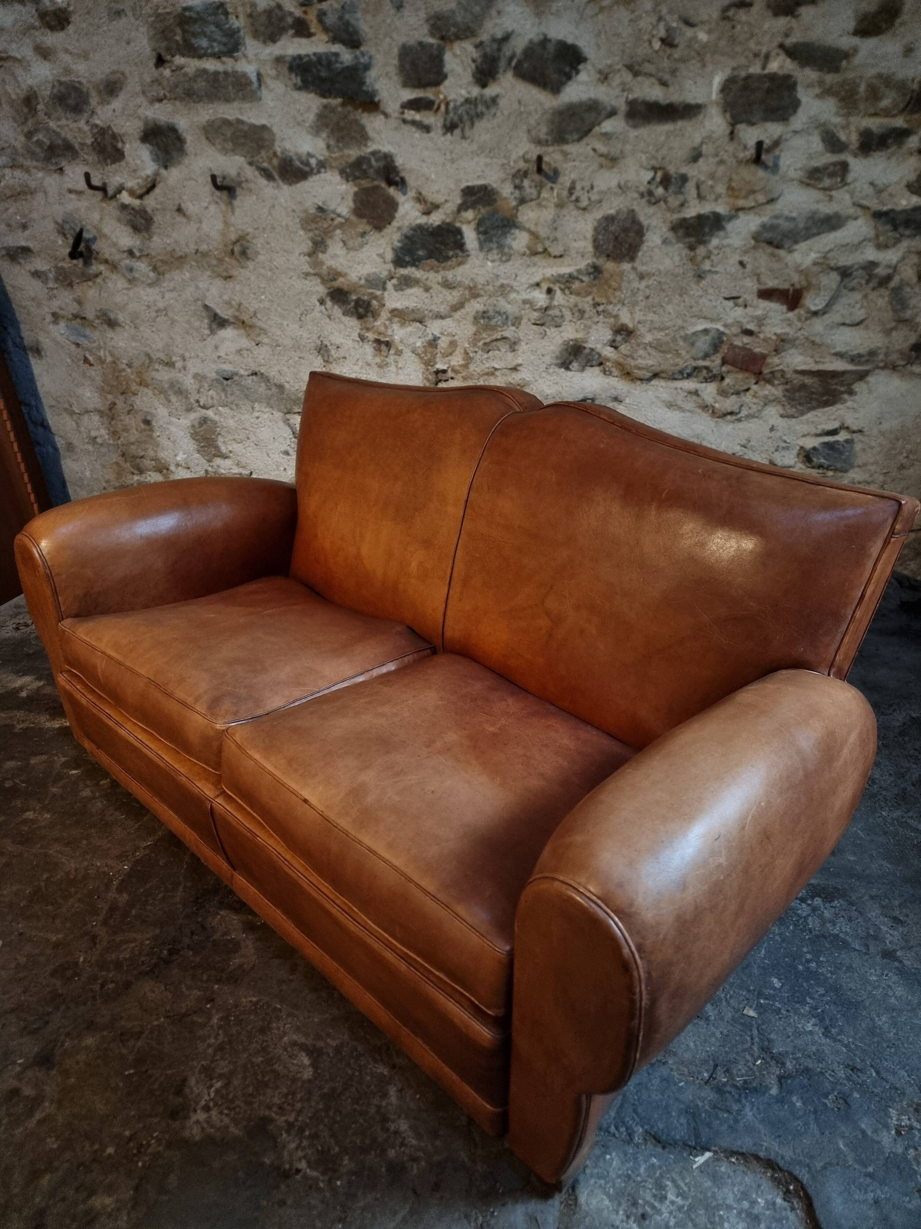 Vintage French leather moustache canapé, 1940s–1950s