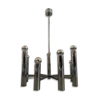 Large vintage chandelier stainless steel 1970