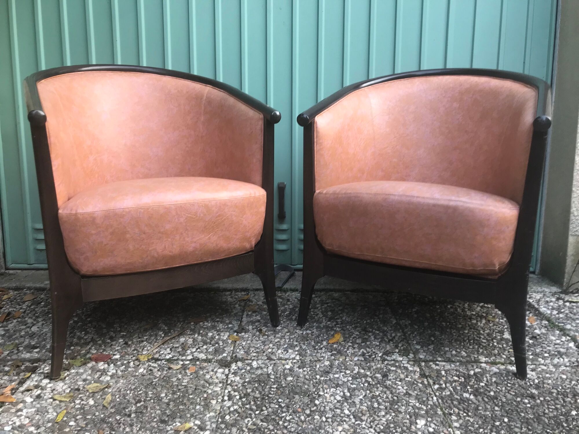 Lot of 2 armchairs and a sofa from Baumann in black wood and marble rose leather