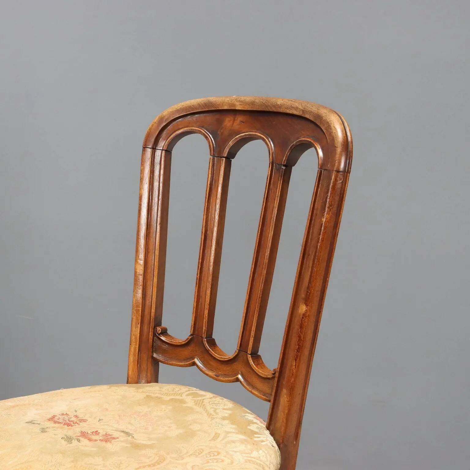 Antique walnut chairs with upholstered seats in fabric, Italy, late 19th century.
