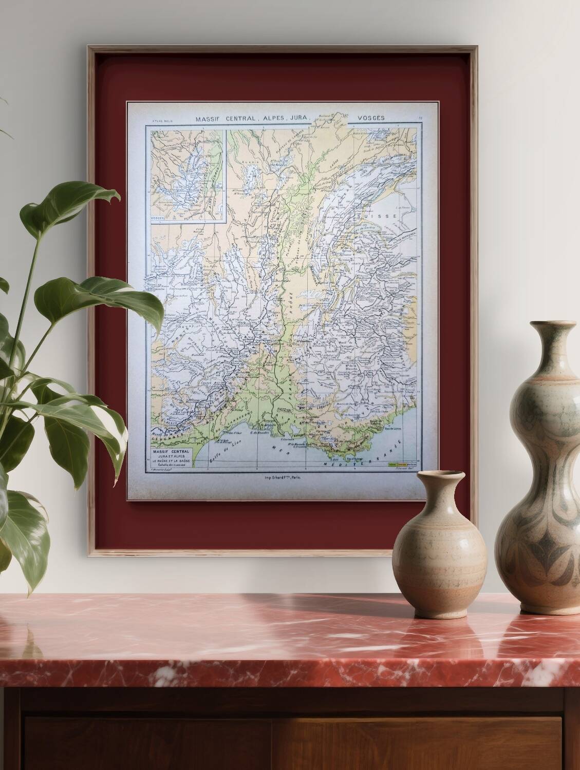 Map of the mountain ranges of France, original printed in 1896