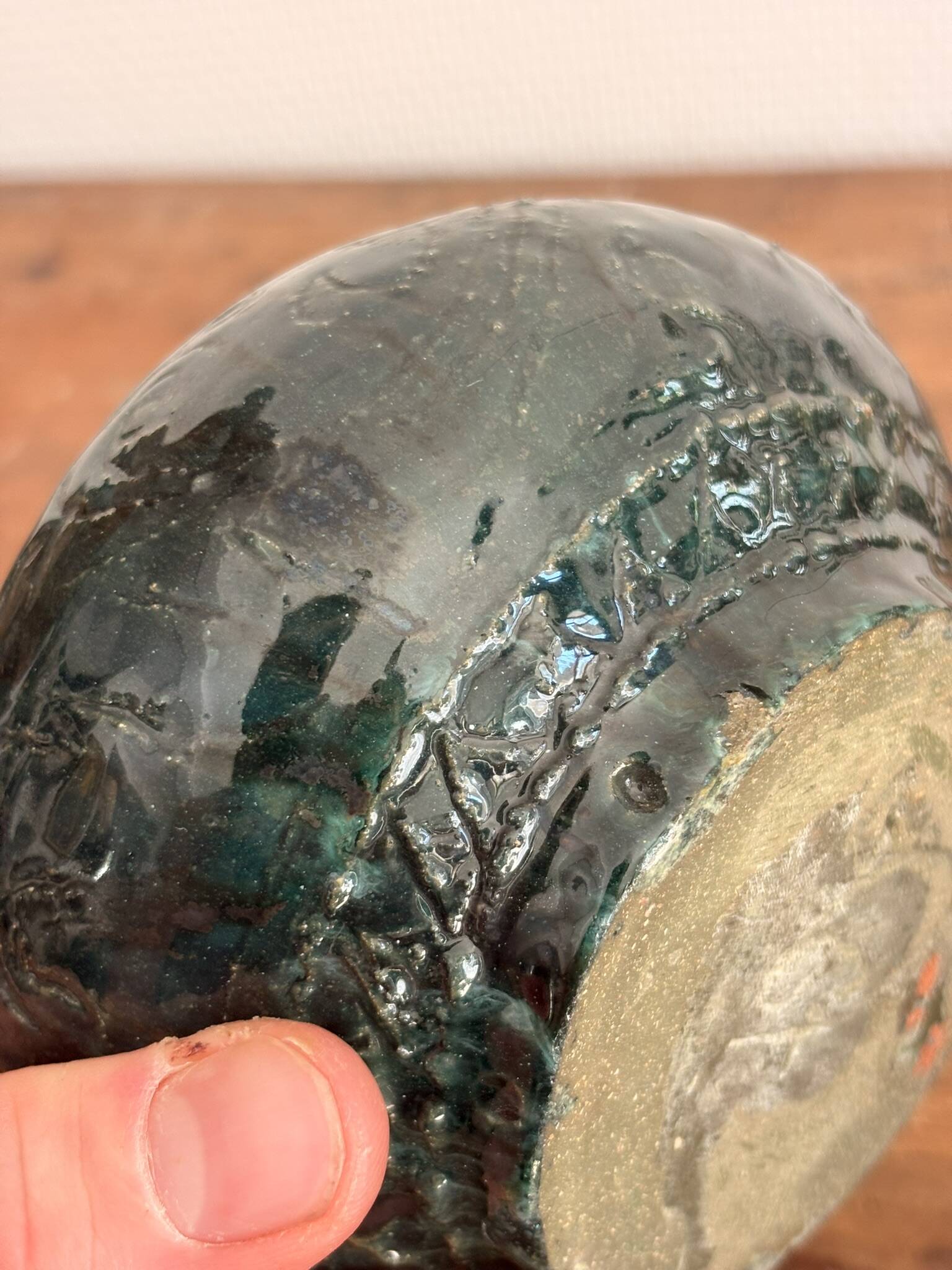 Glazed Engraved Bowl Vase with Geometric Flowers, Popular Art from the 50s