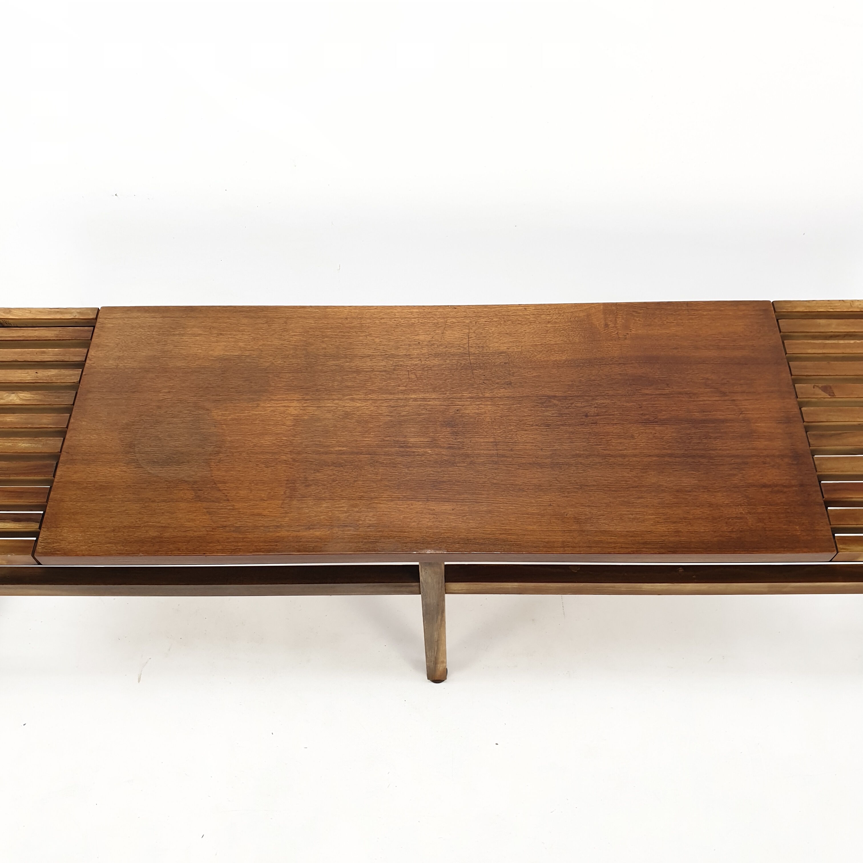 Bench in walnut and teak with brass feet, italy 1950s