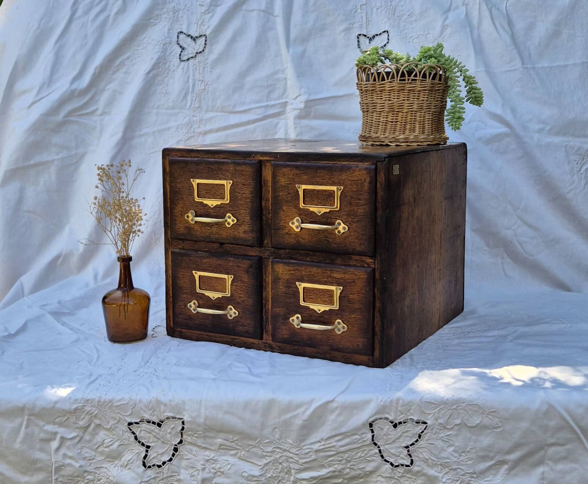 Workshop furniture made of oak and brass.