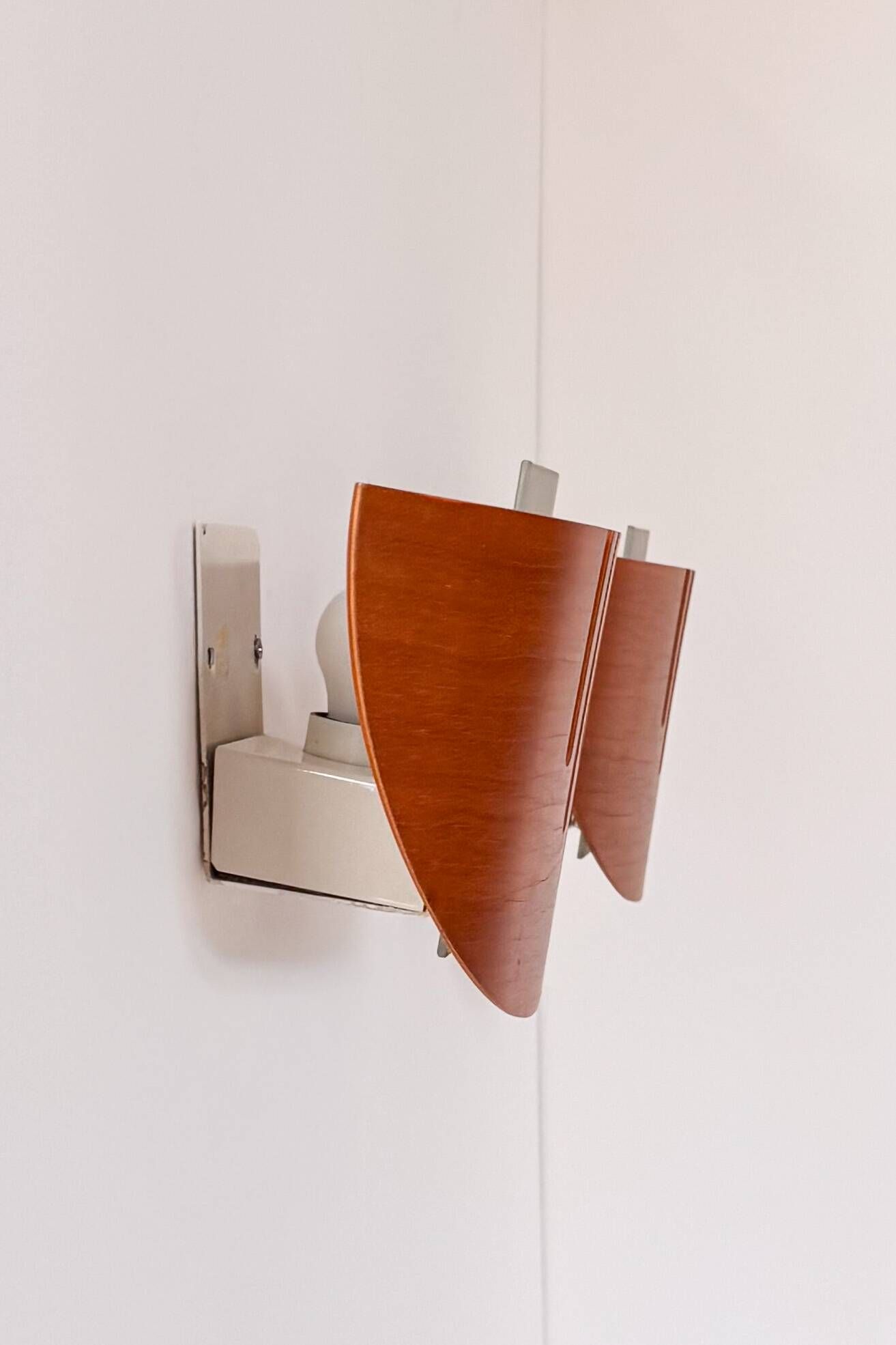 Pair of vintage wall lights in wood and glass, France 1970.