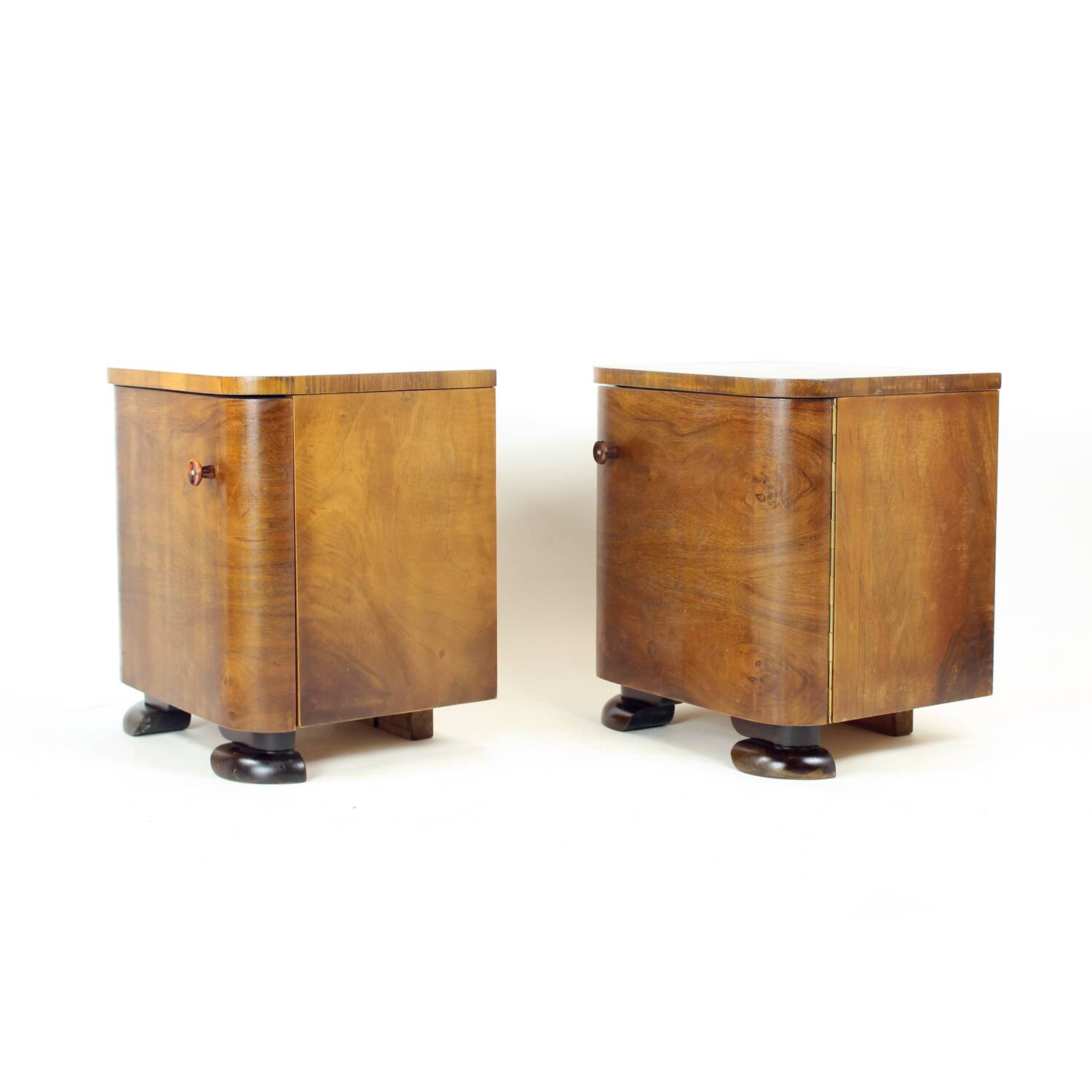 Minimalistic Art Deco Bedside Tables In Walnut Veneer, Czechoslovakia 1930s