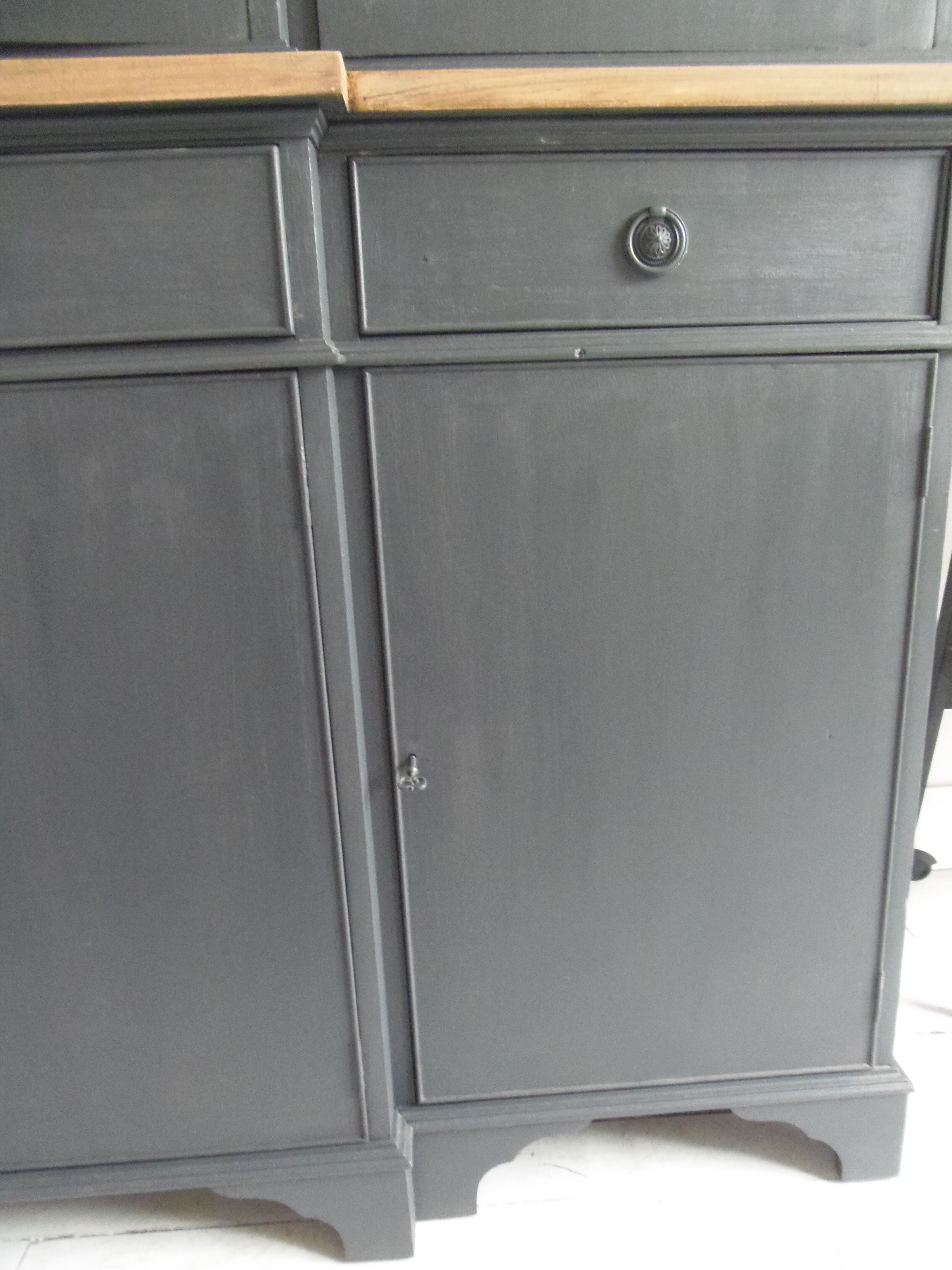 Slate grey china cabinet with wood interior