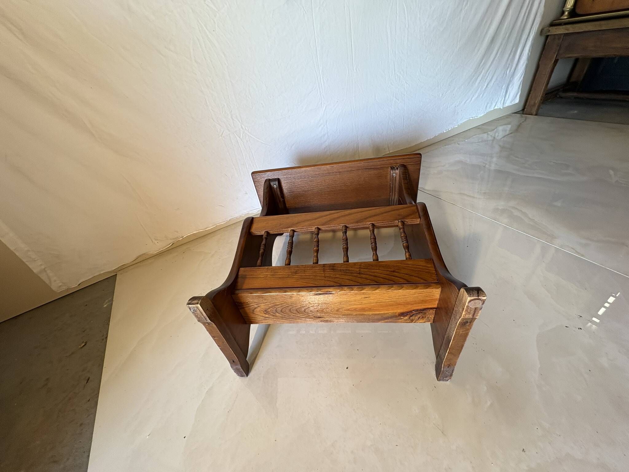 Side table, vintage turned wood magazine rack