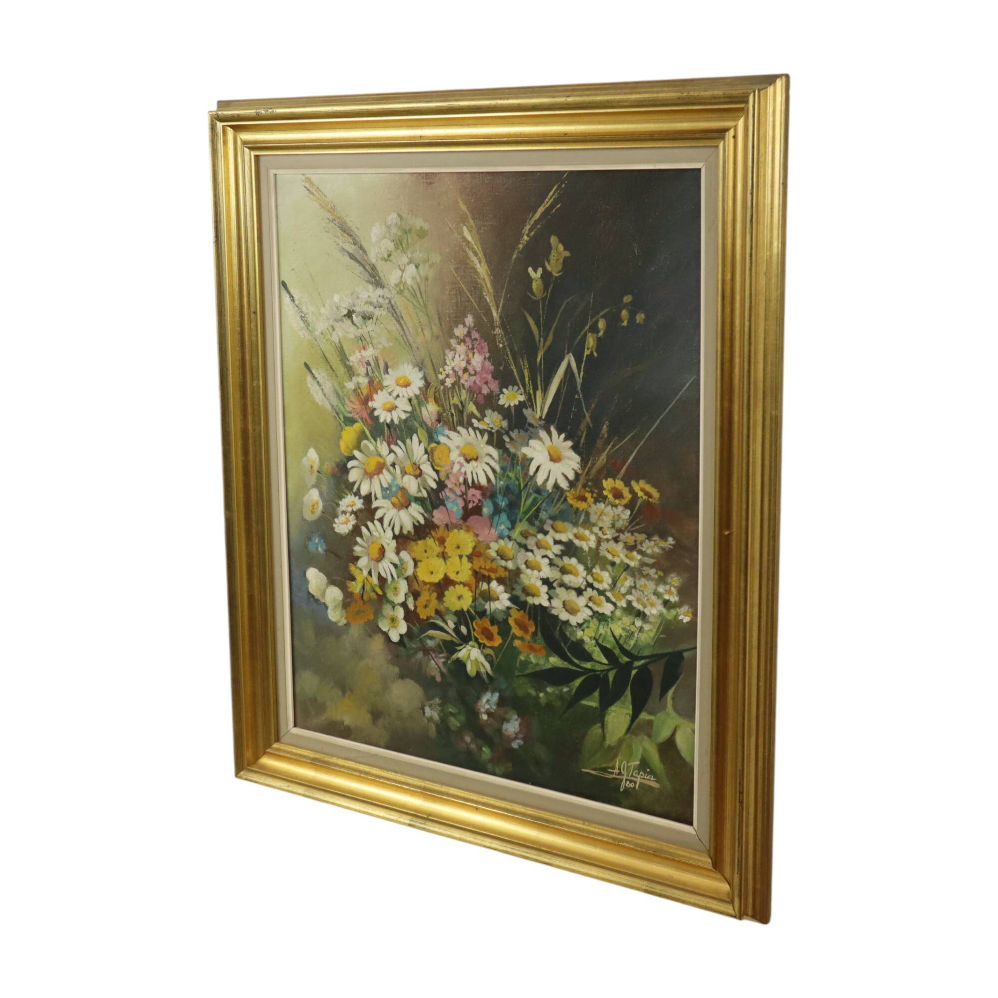 Flowers Bouquet Still Life Painting Oil on Canvas Framed Signed