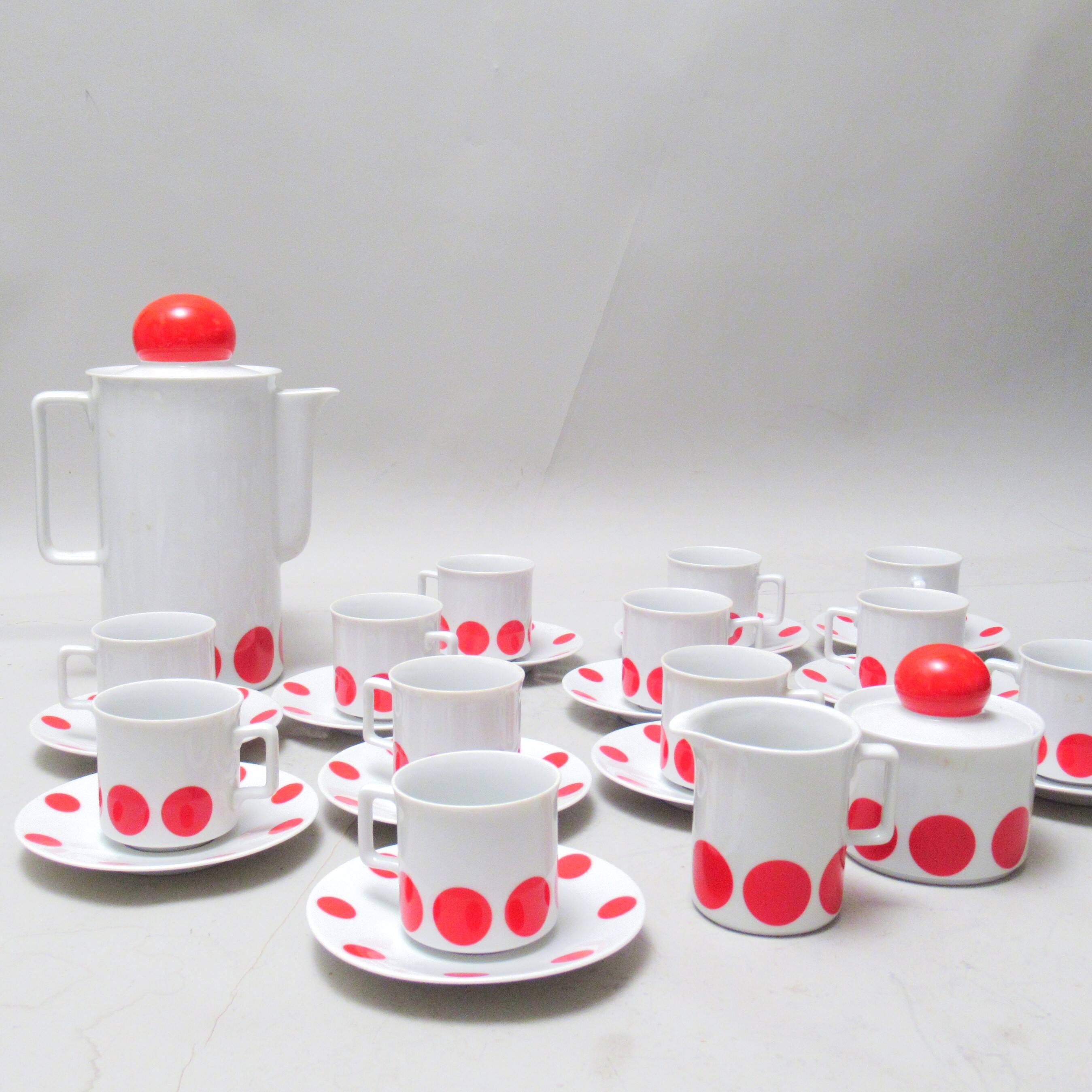 70s red polka dot porcelain coffee set