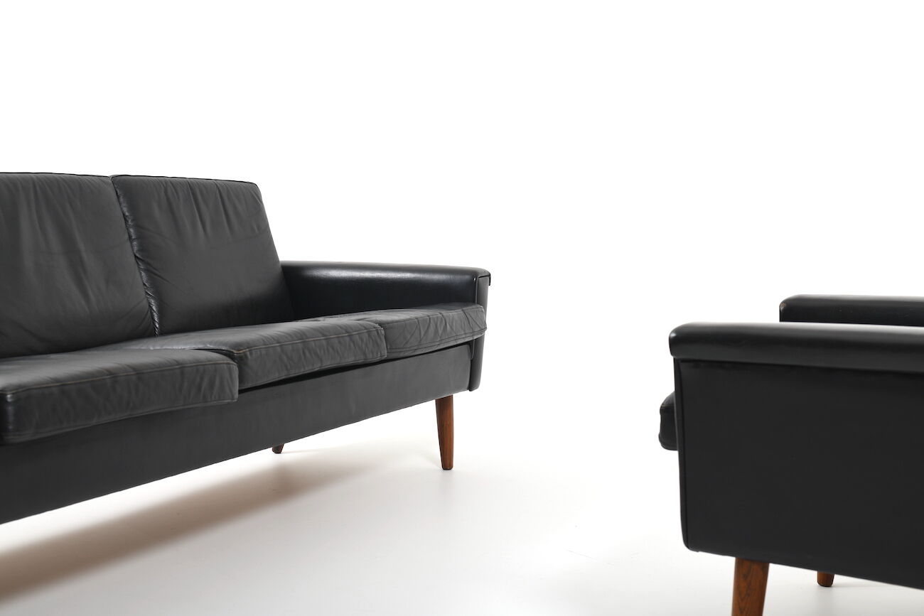 Mid Century Danish black Leather Sofa Set