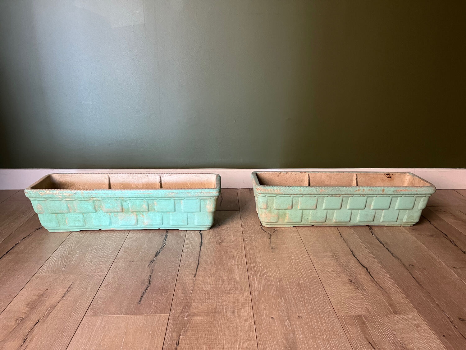 2 water green stone planters, 1950s-60s