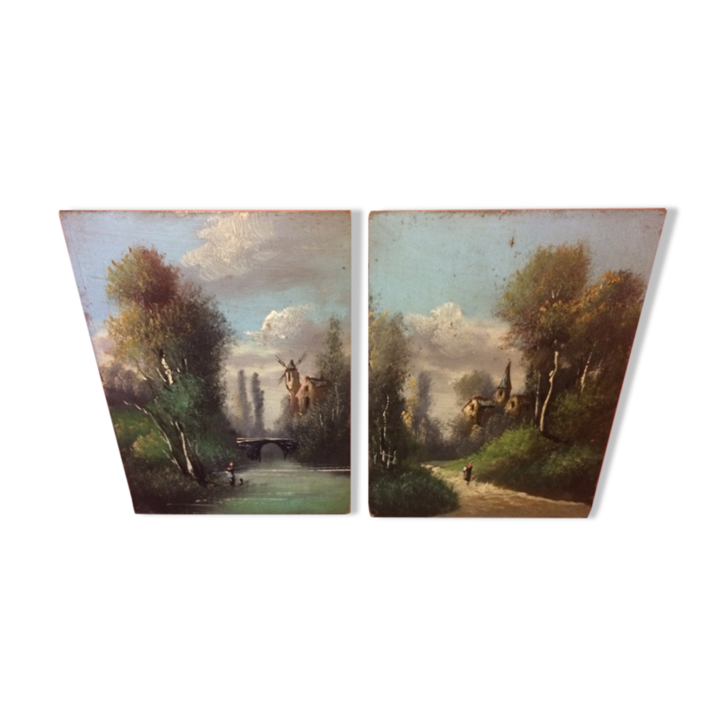 Pair Old Oil Table on Panel View River 19th Vintage Campaign