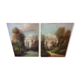 Pair Old Oil Table on Panel View River 19th Vintage Campaign