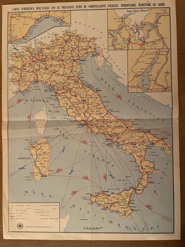 Affiche ancienne carte de l'Italie et de principales voies de transport XXe siècle