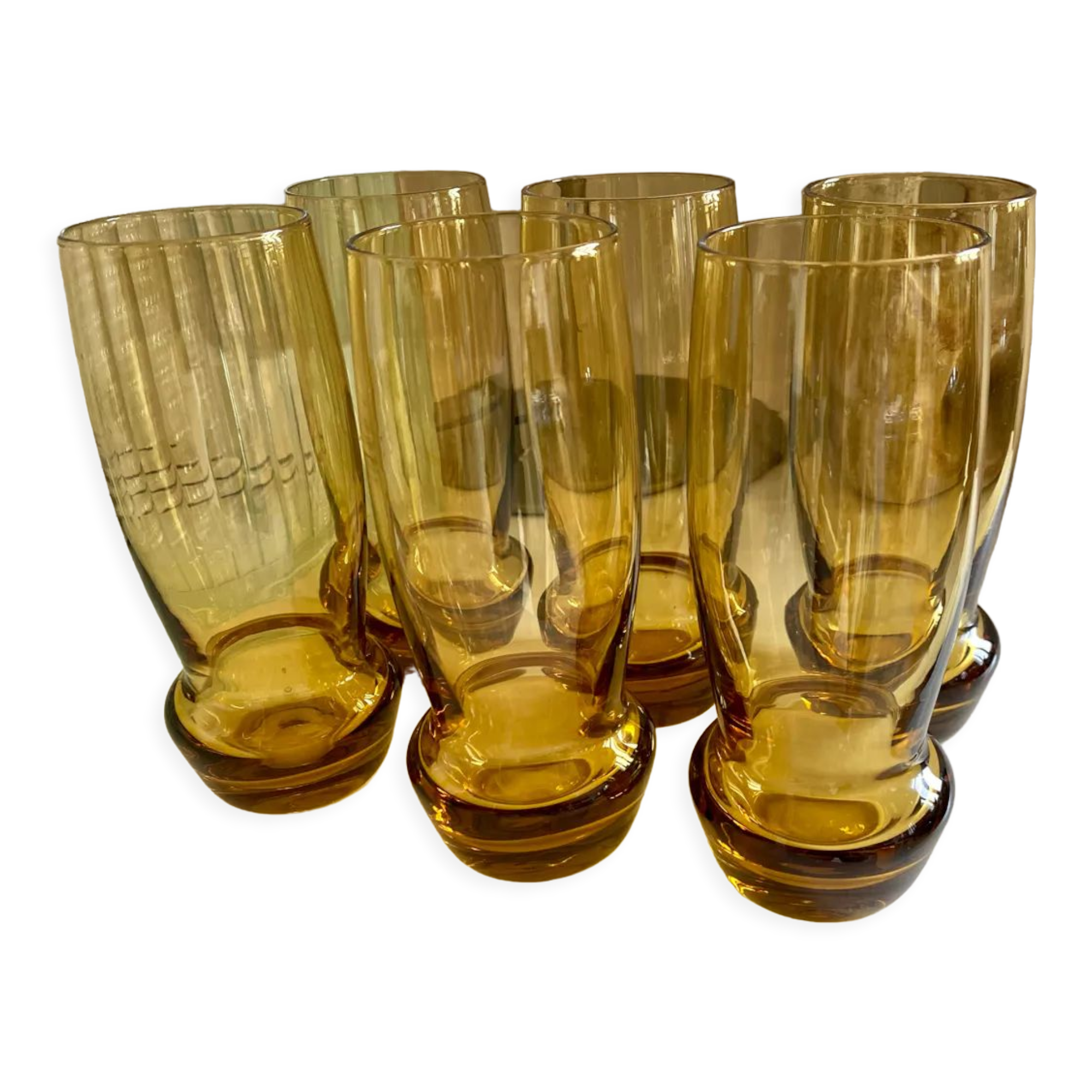 6 amber blown glass water glasses