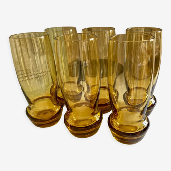 6 amber blown glass water glasses