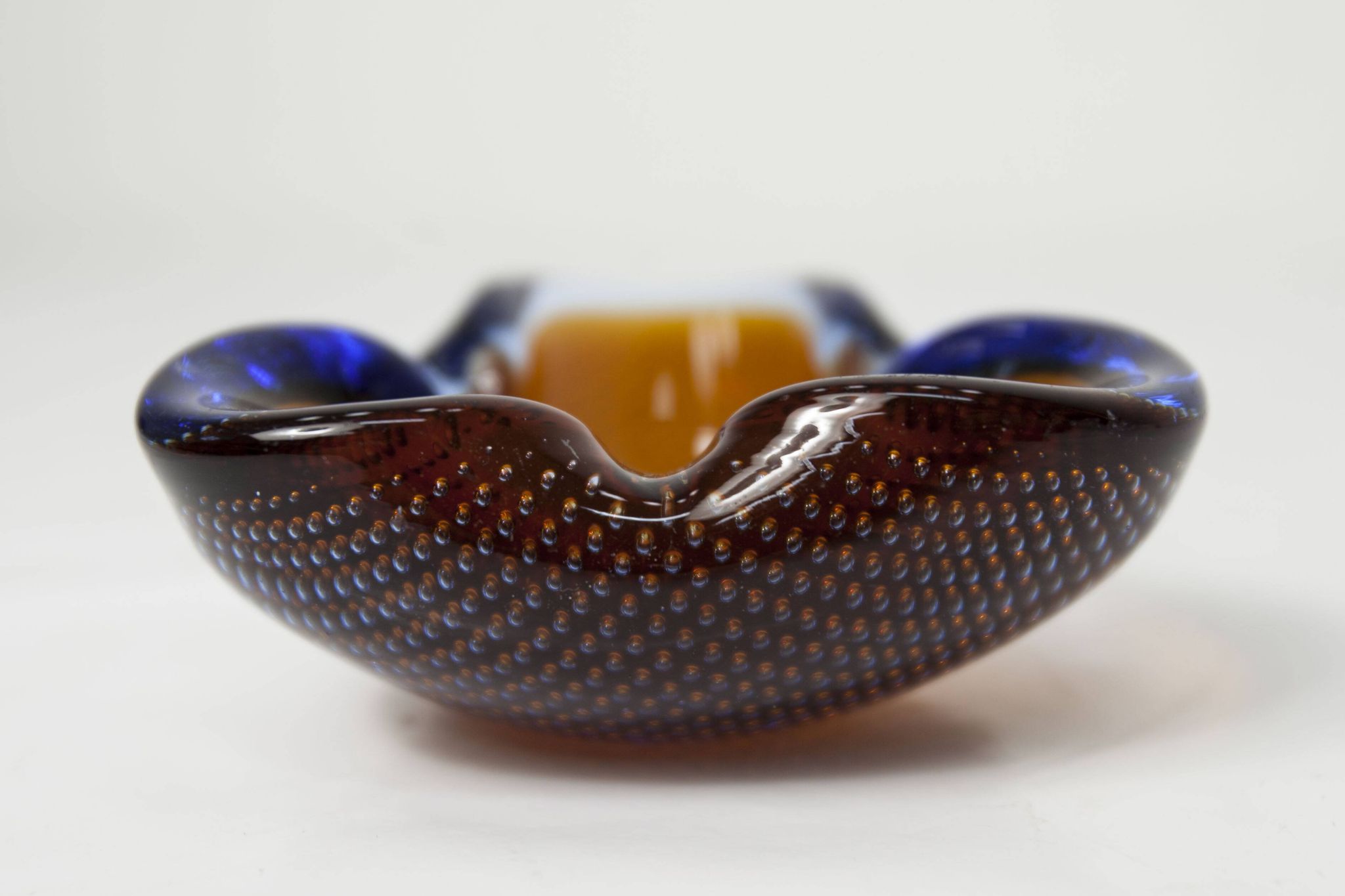 Cendrier Murano verre bullé orange bleu et transparent 1960