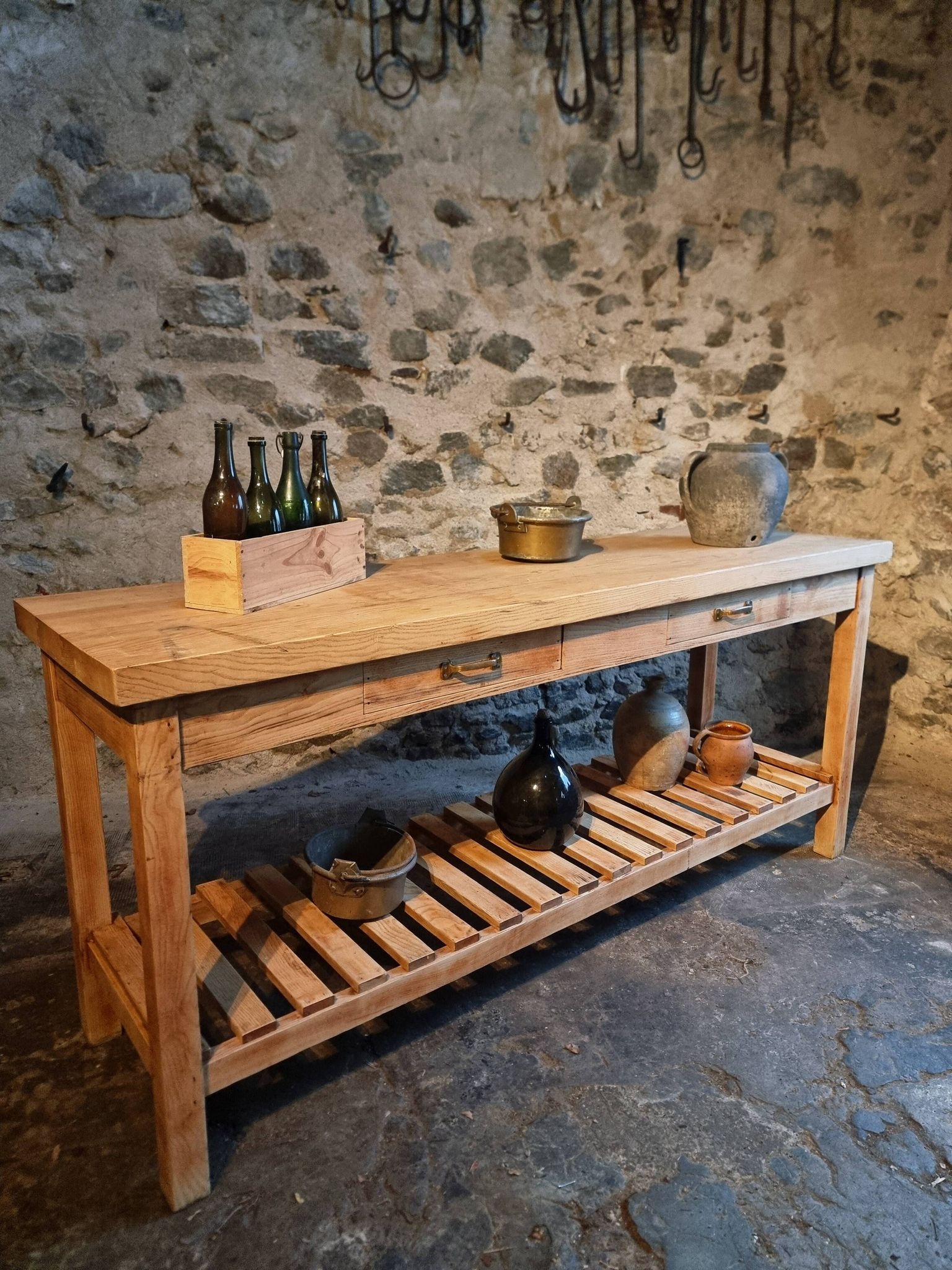 Old French baker's table – kitchen island / work table in solid chestnut with drawers.