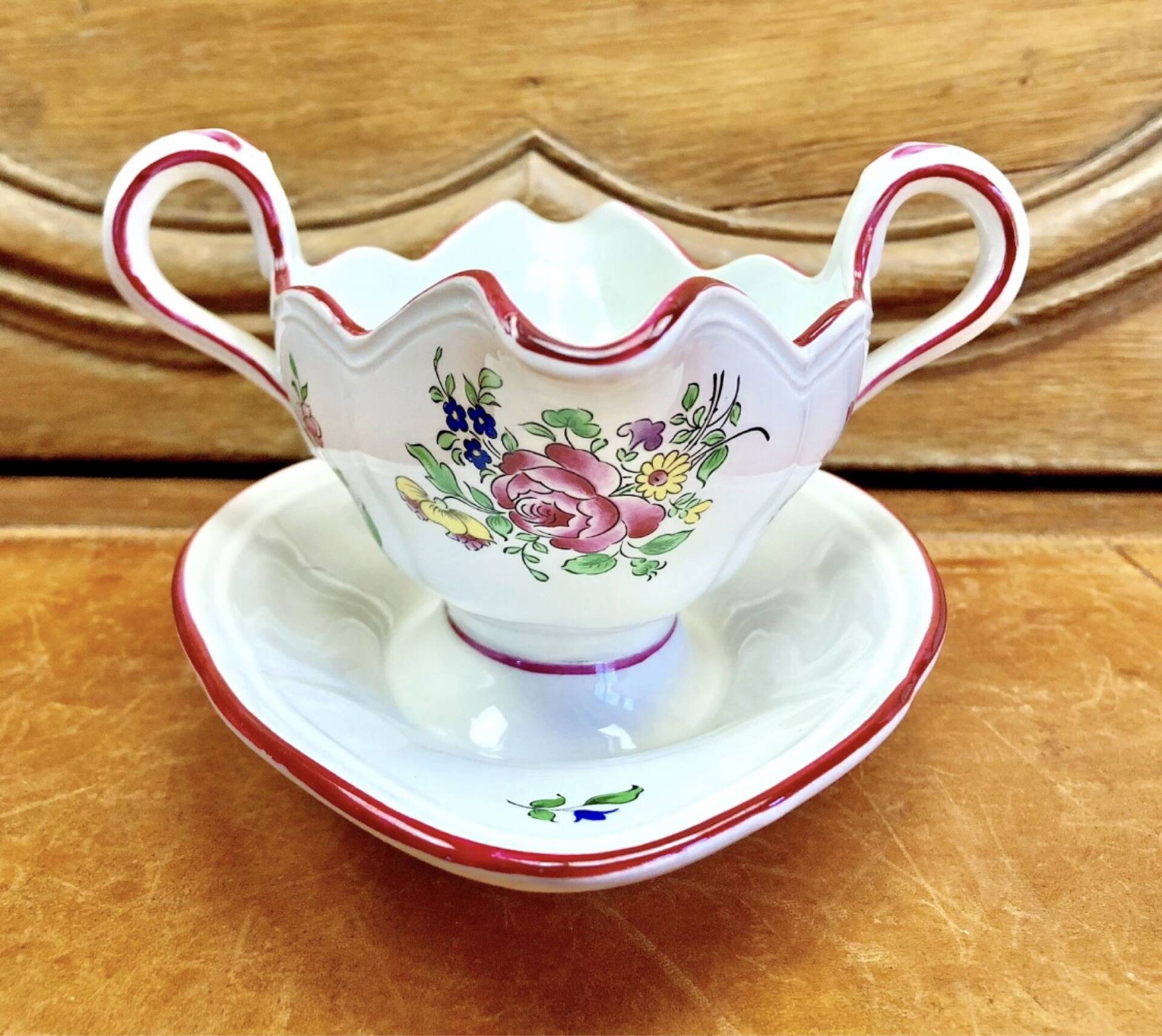Old sauceboat earthenware Lunéville model lantern pink tulip