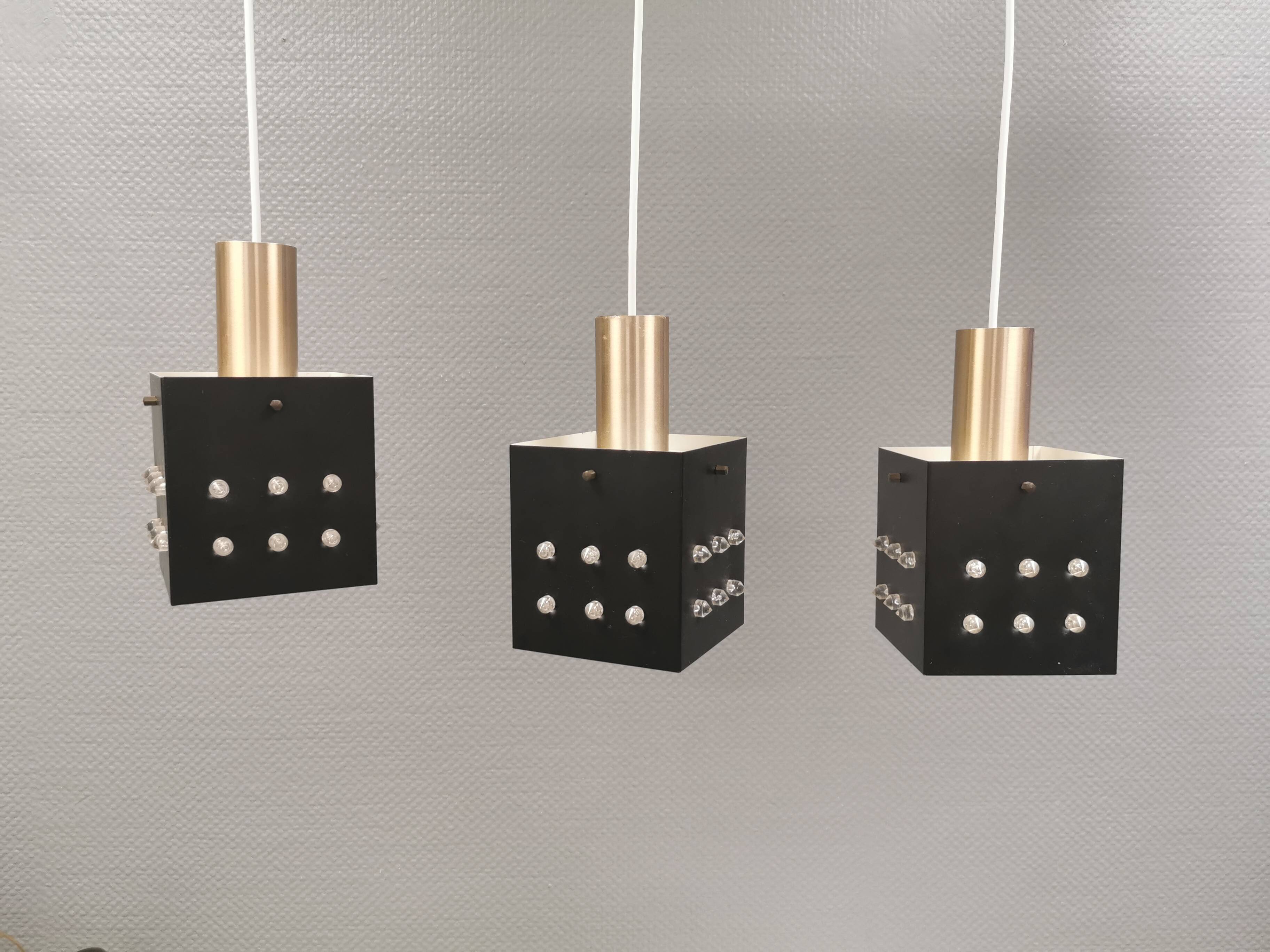 Three older square pendant lamps in Space-Age style, Denmark 1980s