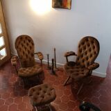 Pair of velvet folding chairs and an ottoman 1950