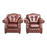Vintage set of 2 cowhide leather Chesterfield armchairs in a brown colour