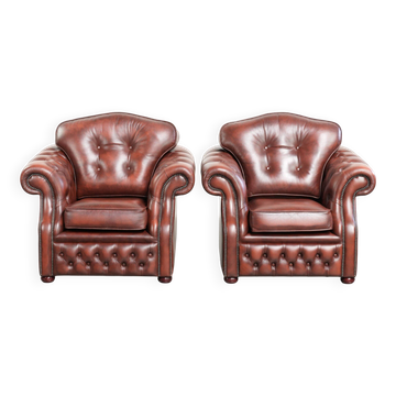 Vintage set of 2 cowhide leather Chesterfield armchairs in a brown colour