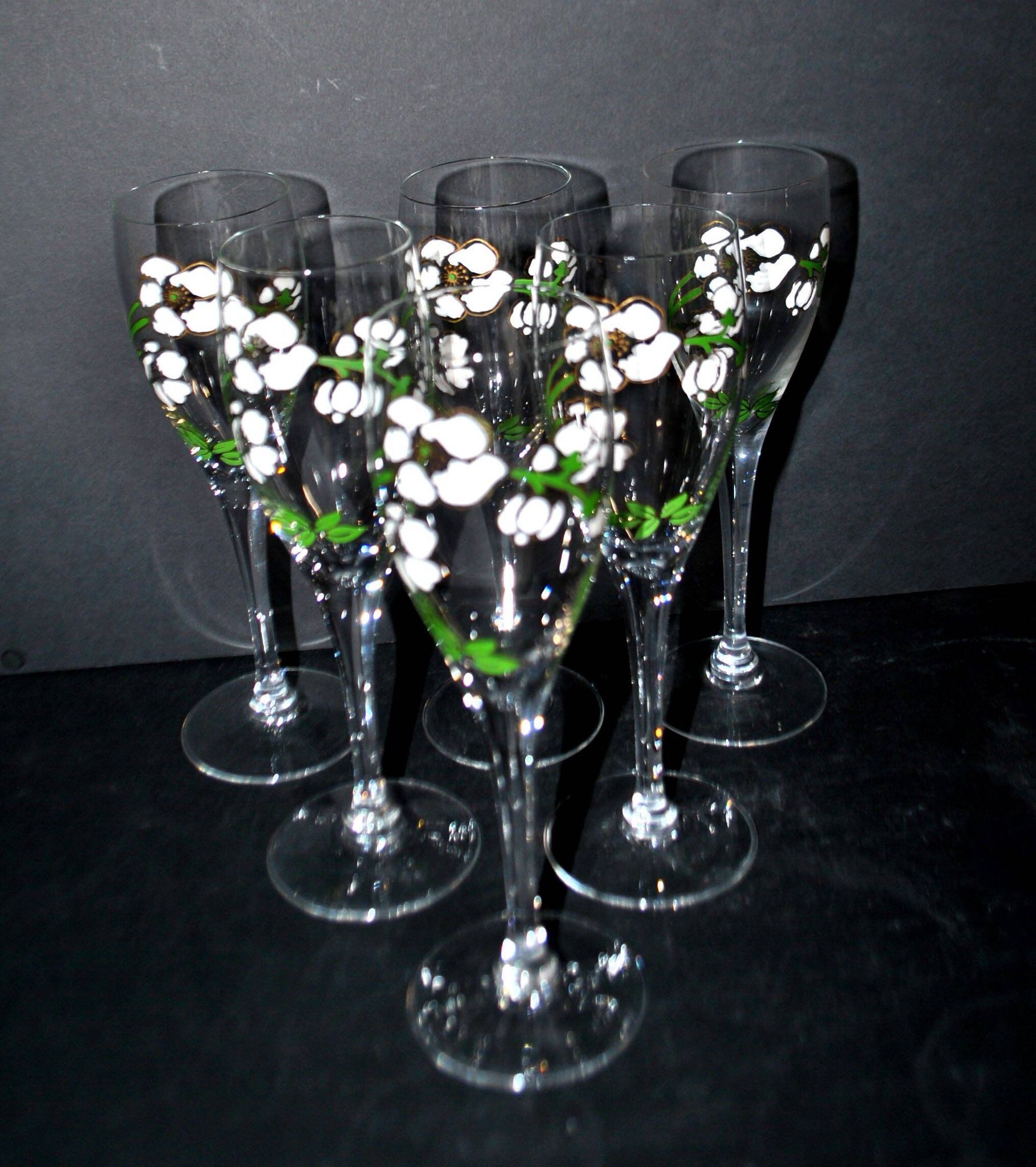 Perrier Jouet set of 6 Anemone Cuvée Belle Epoque champagne flutes in Gallé enamelled crystal