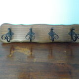 Wooden wall coat rack and its 4 wrought iron hangers, 60s